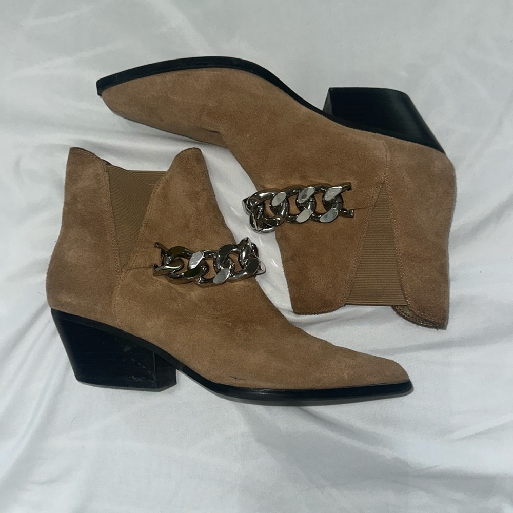 Marc Fisher camel suede chelsea booties with chunky silver chain